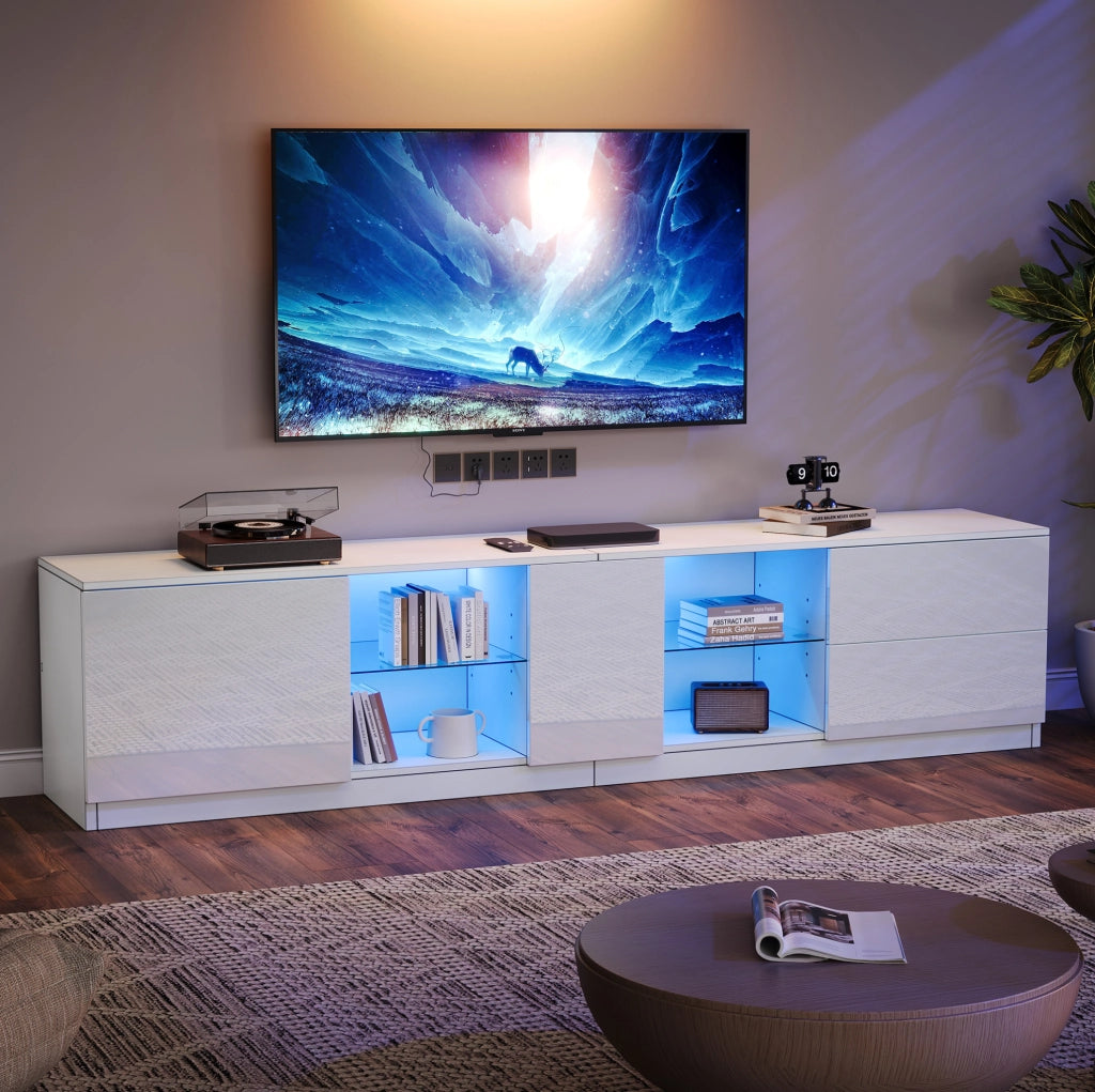 Mobile TV bianco lucido 160x40x52 cm con LED, 2 cassetti e anta