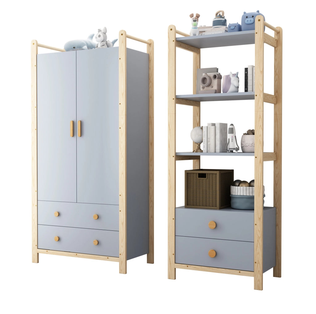 Guardaroba con scaffale blu e naturale in legno, 180,5 cm