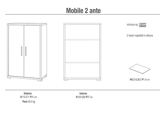 Mobile 2 Ante 71x110x41 cm Cemento/Ossido Bianco