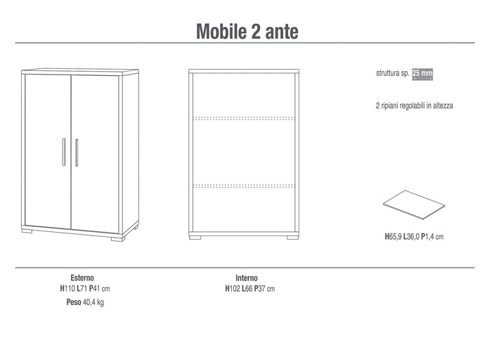 Mobile 2 Ante 71x110x41 cm Ossido Bianco/Cemento