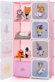 Armadio Portatile per Bambini, Organizzatore Modulari per Bambini a 8 cubi con Ante e Sezione Appendiabiti, Guardaroba Portatile per Sala Giochi Camera da Letto Asilo, 71x35,5x142 cm (Rosa)