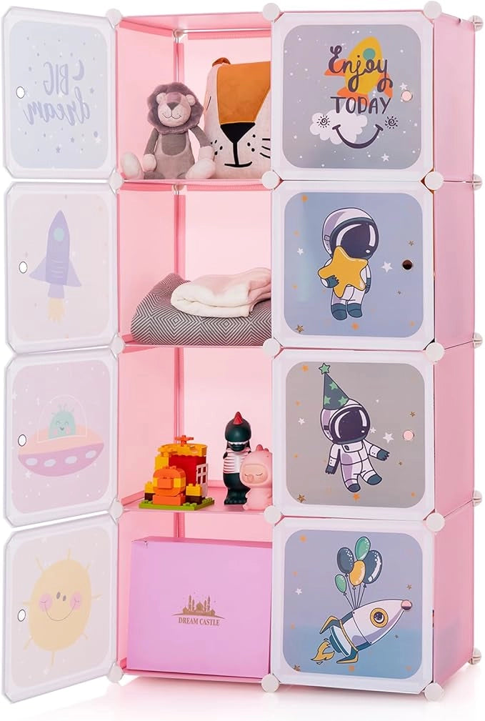 Armadio Portatile per Bambini, Organizzatore Modulari per Bambini a 8 cubi con Ante e Sezione Appendiabiti, Guardaroba Portatile per Sala Giochi Camera da Letto Asilo, 71x35,5x142 cm (Rosa)
