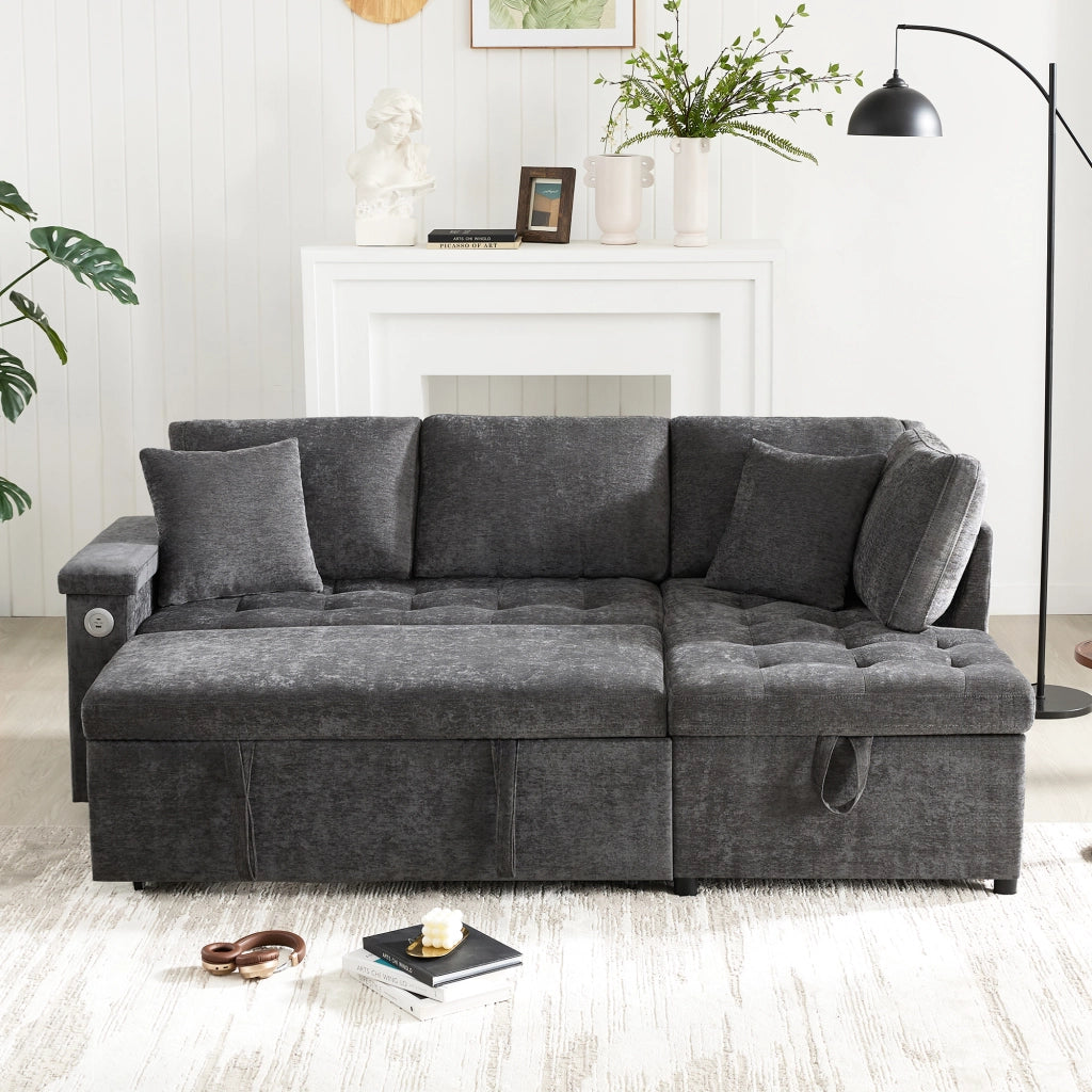 Divano ad angolo convertibile con contenitore, porta USB, portabicchieri e cuscini, in Chenille Grigio Scuro