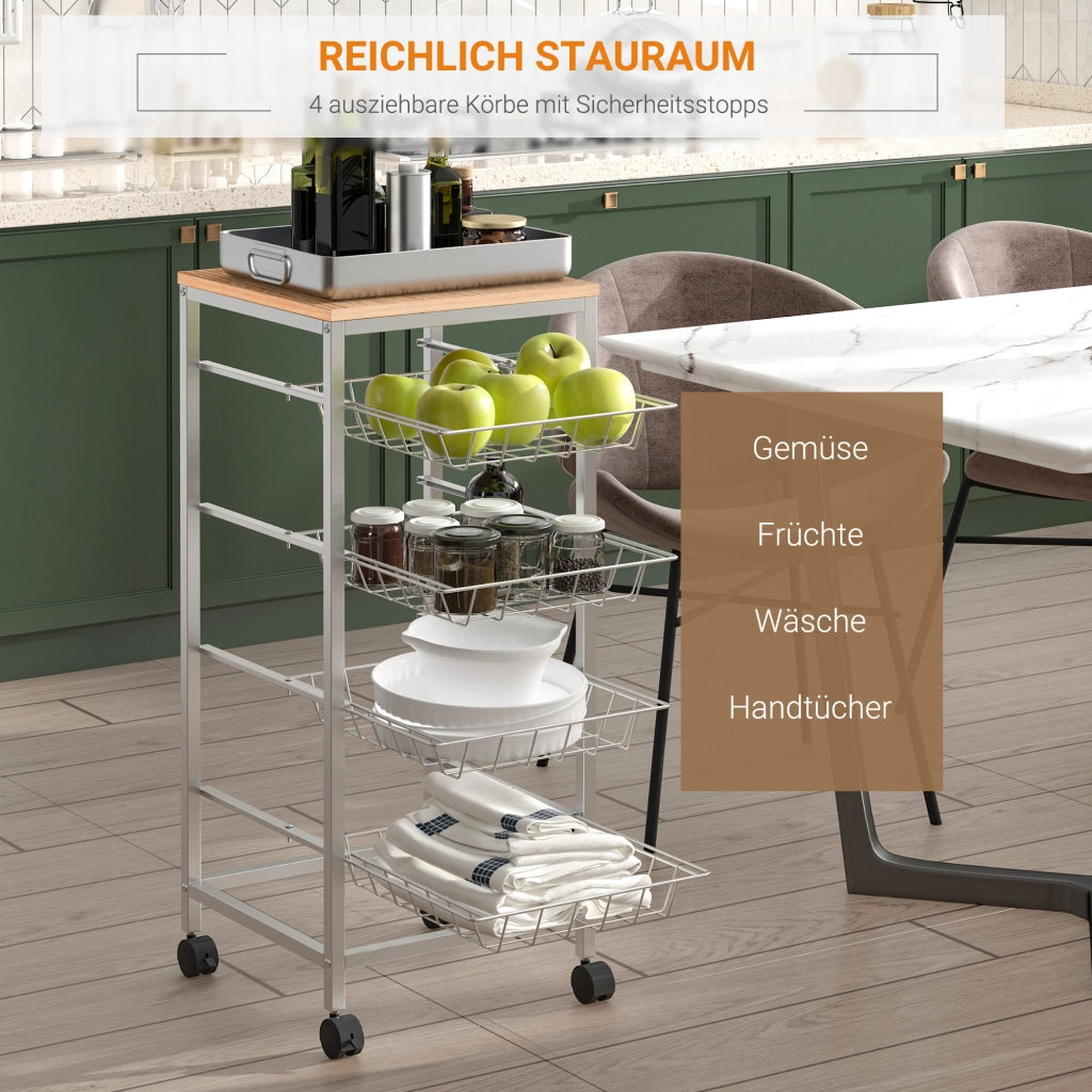 Carrello Cucina 4 Ripiani ¨C Xylo ¨C Metallo Argento con Ruote Salvaspazio Multiuso