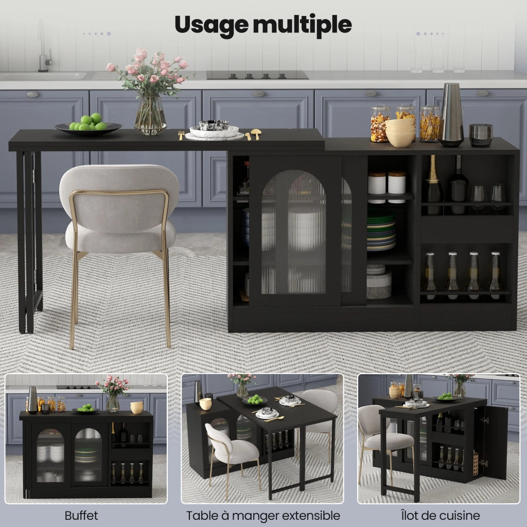 Tavolo Estensibile con 1 Anta; 2 Ripiani Regolabili e Ripiani Aperti; Piano Girevole a 360°; per Cucina; MDF; 121;5 x 40 x 76;7 cm; Nero