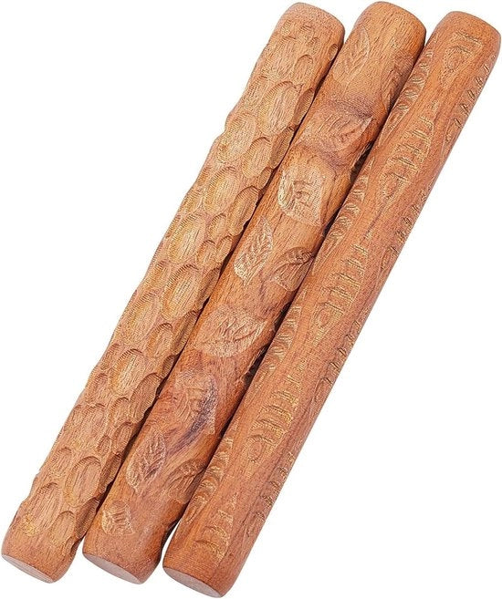 Set di Roller per Terra per 3 Stili con Manico in Legno, Testa in Pietra, Manico in Legno, Textura di Terra, Roller per Rimpicciolire la Terra per Mano, Set di Roller Artigianale per Terra per Progetti DIY di Ceramica