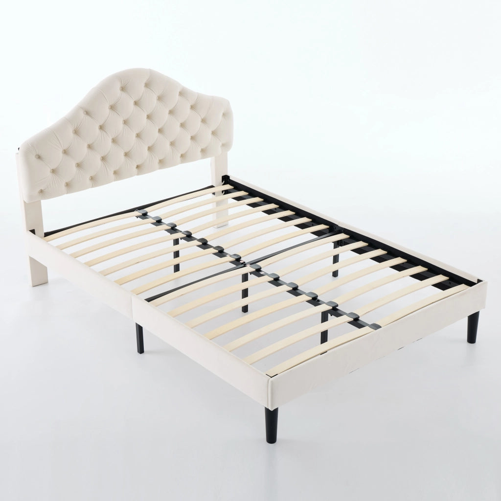 Letto imbottito in velluto beige dimensioni 140x200 cm