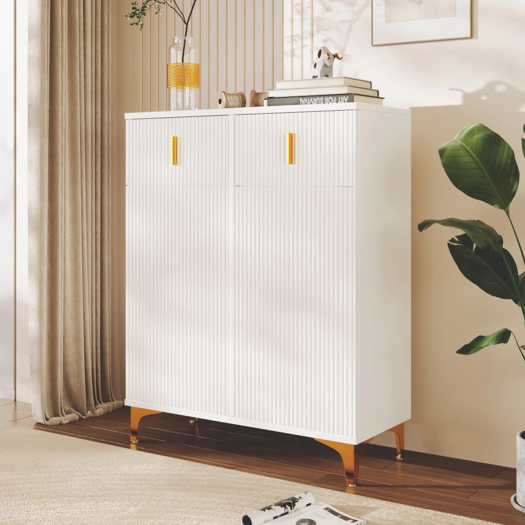 Credenza con 2 Ante e 2 Cassetti; Ripiani Regolabili; Push-to-open; Stile Elegante; in Pannello Di Particelle; Bianco; 83×35×101 cm