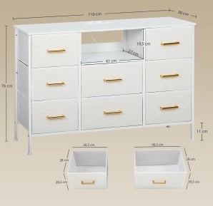 Cassettiera con 8 cassetti in tessuto bianco crema con prese integrate