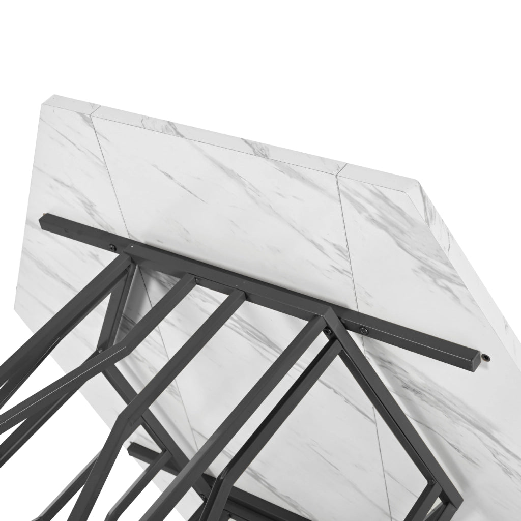 Tavolo da pranzo esagonale con piano effetto marmo in MDF e base in metallo nero per sala da pranzo e soggiorno