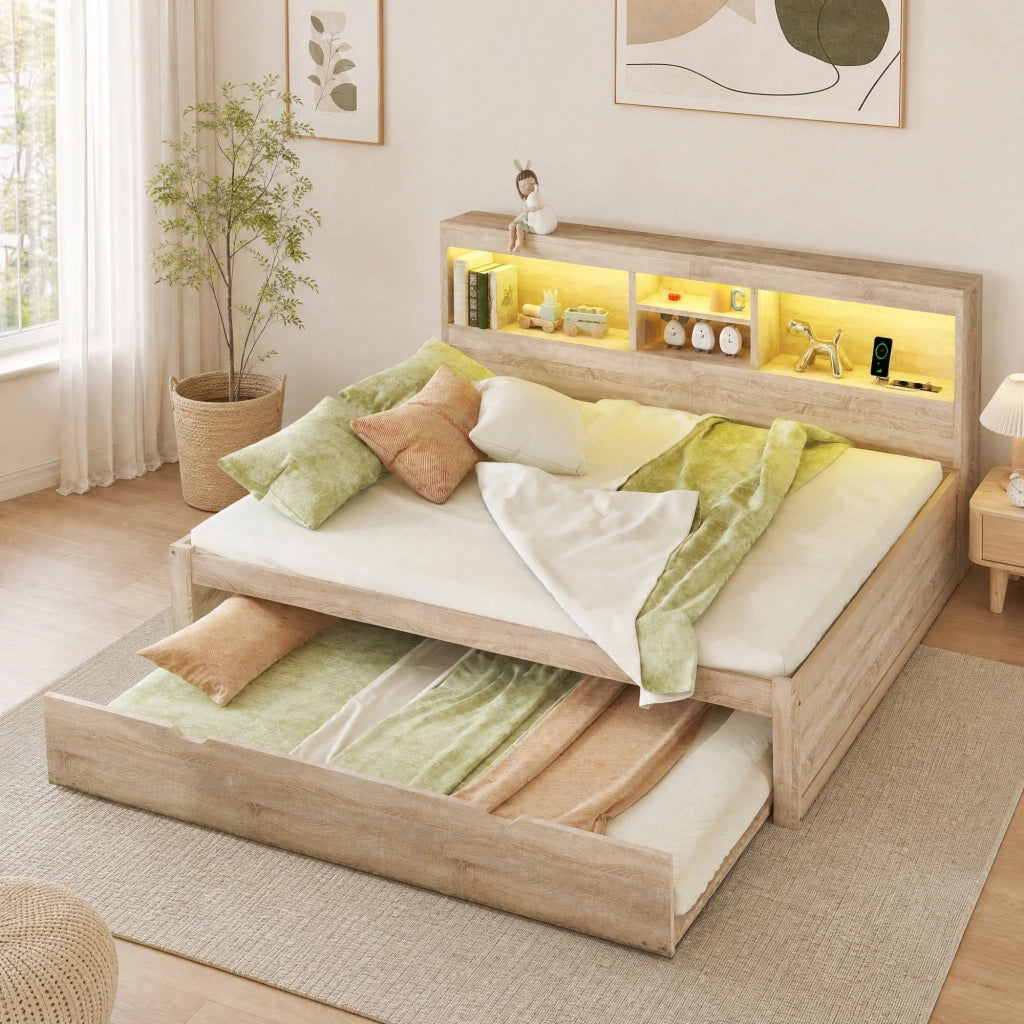 LETTO Estraibile 140x200 cm Naturale in pannello di legno con LED, prese USB