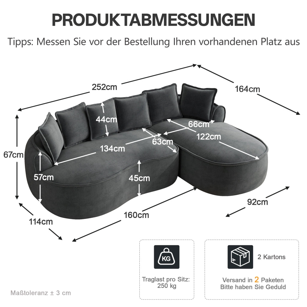 Divano con chaise longue modulare in chenille grigio senza montaggio con seduta profonda e braccioli larghi