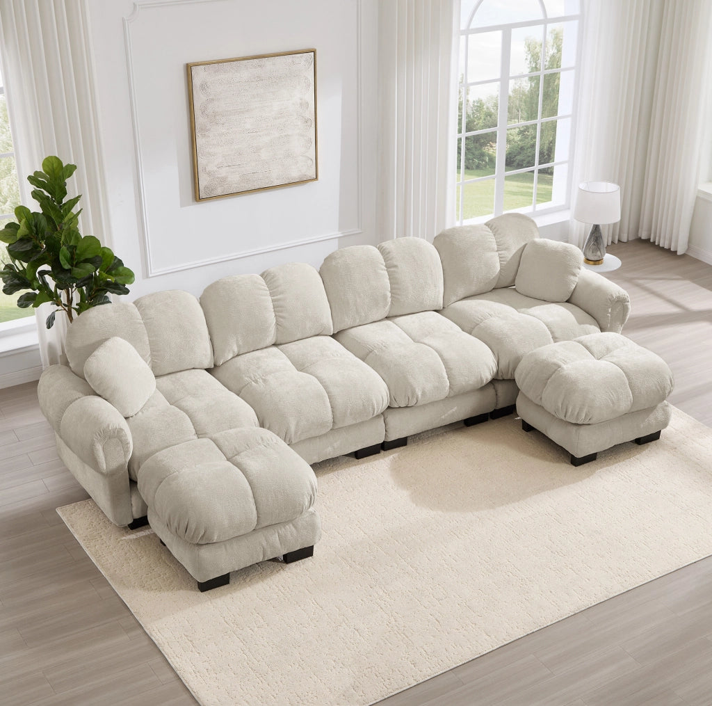 Divano modulare componibile in ciniglia; 330x149x90 cm; kaki chiaro