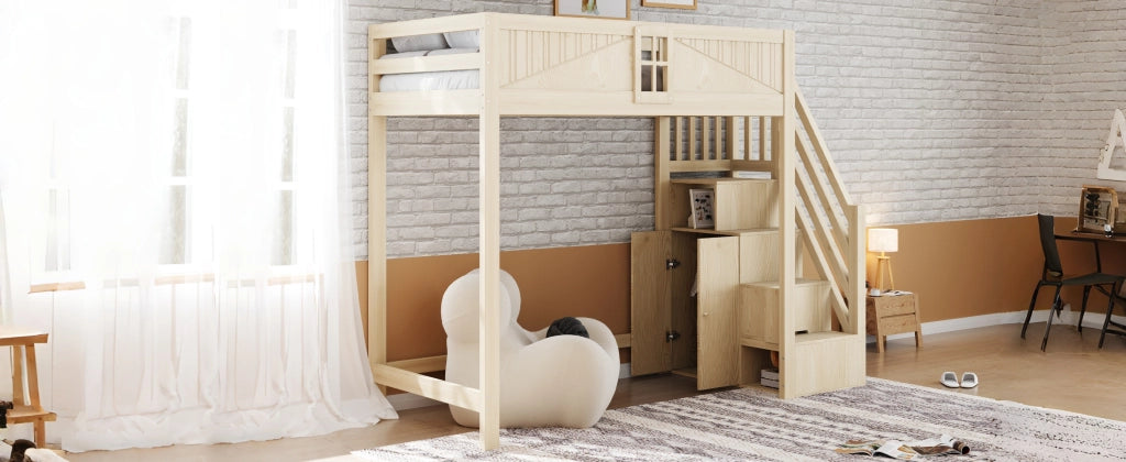 DESMIU Letto a soppalco 1 posto con contenitore, scala reversibile e finestra 90 × 200 cm, senza materasso