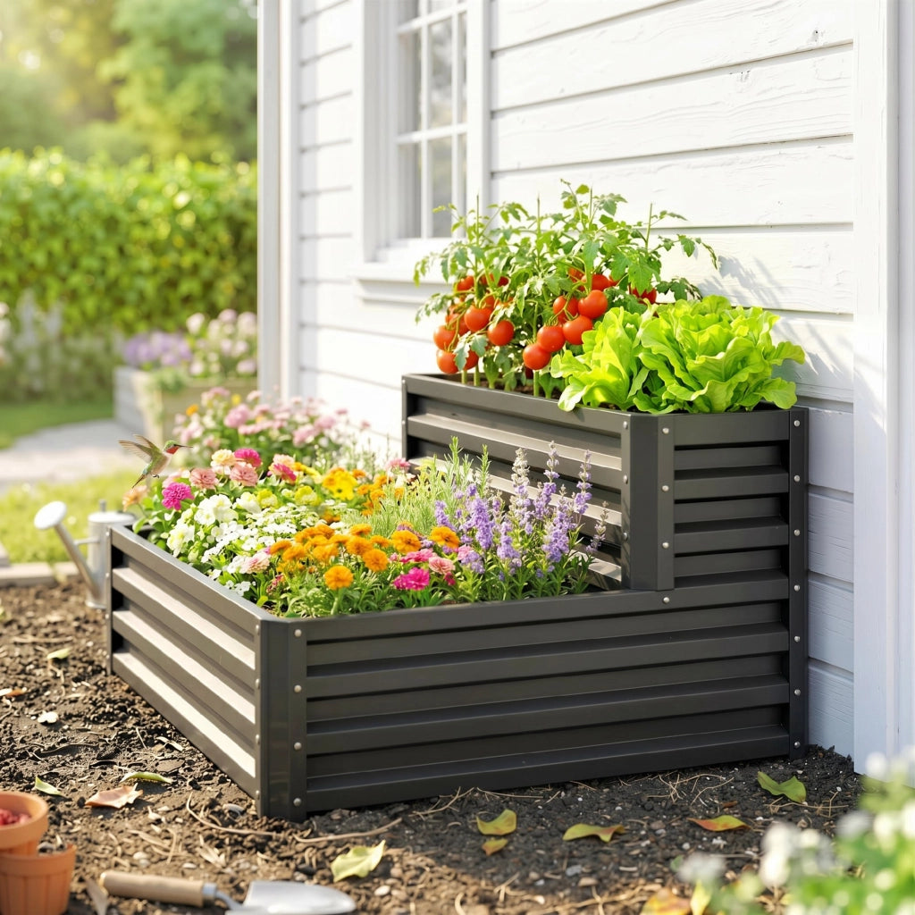 Letto da giardino a due livelli per orto ¨C zephmum ¨C grigio scuro 120x101x58 cm