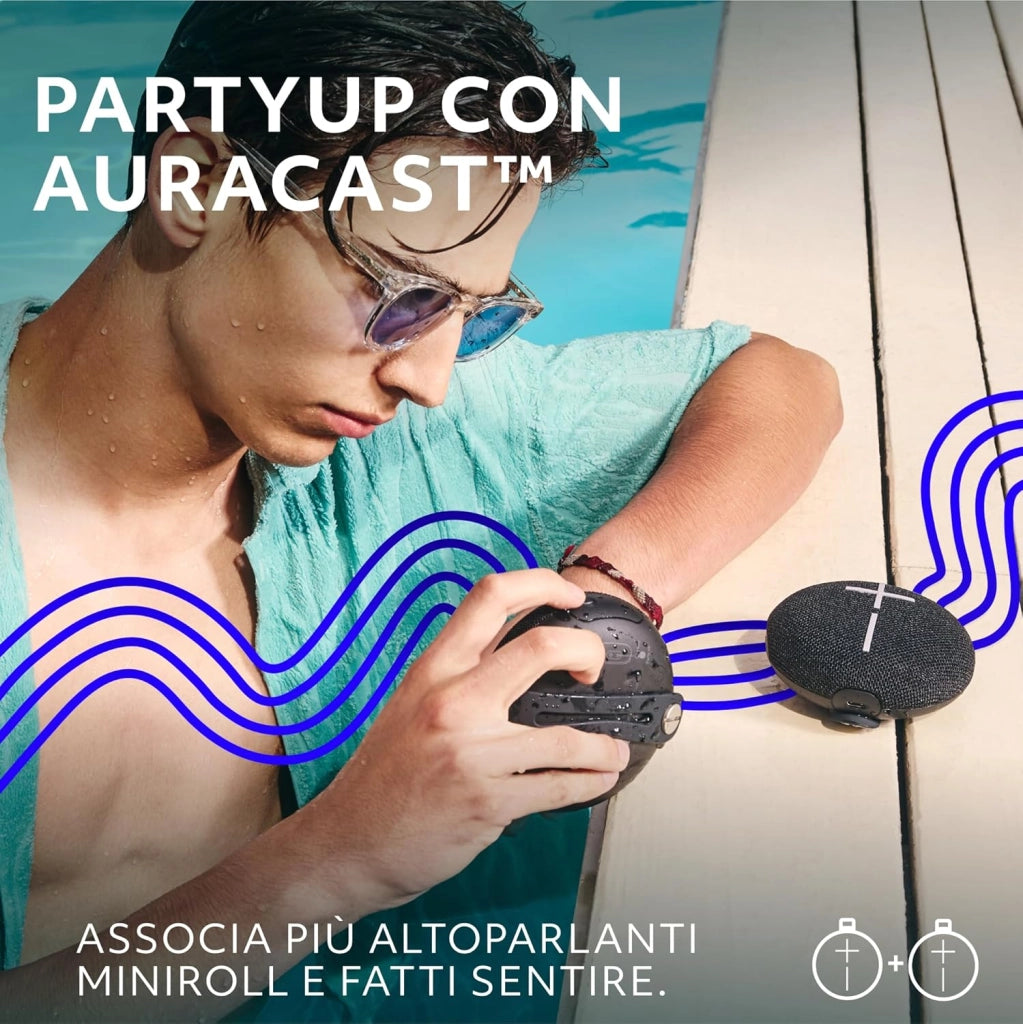 Ultimate Ears MINIROLL Altoparlante Bluetooth impermeabile ultraportatile, bassi potenti, resistente alla polvere IP67, raggio d’azione di 40 m - Nero