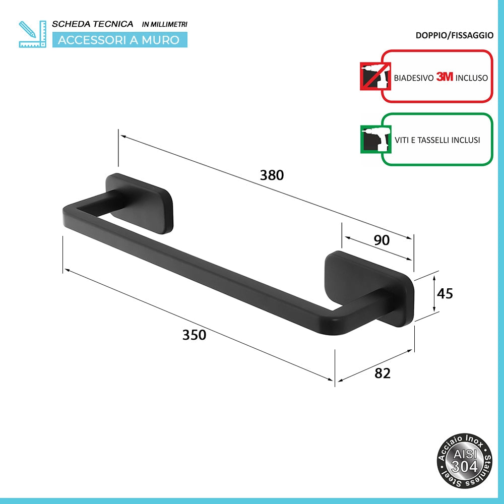 Set 3pz con appendino, porta rotolo e porta salviette a muro in acciaio nero Cubik