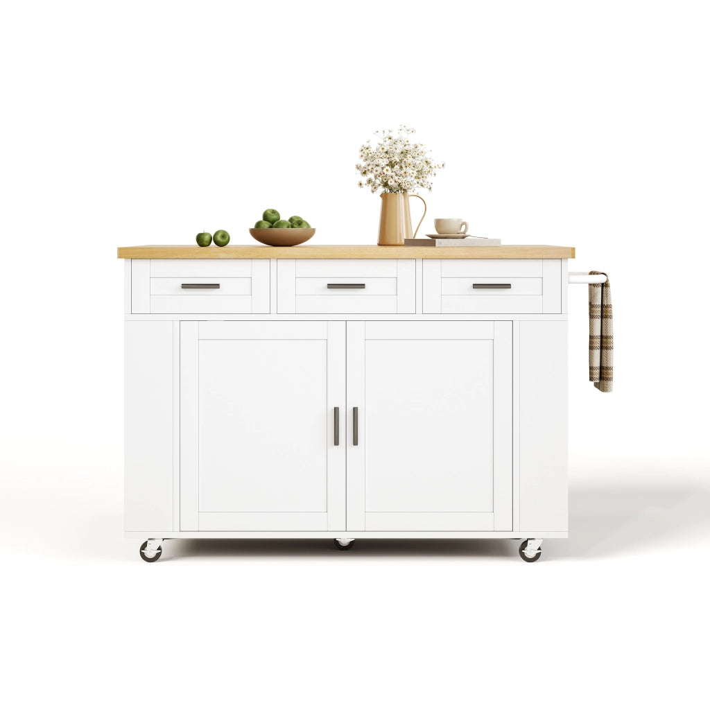 Carrello isola cucina pieghevole con piano estensibile, vani contenitore, 3 cassetti, prese e ruote 120 x 45(70) x 84 cm
