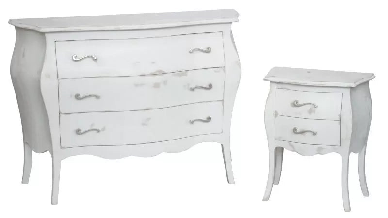 Gruppo 1 cassettiera 2 comodini bombati legno shabby bianco consumato - Mobili 2G