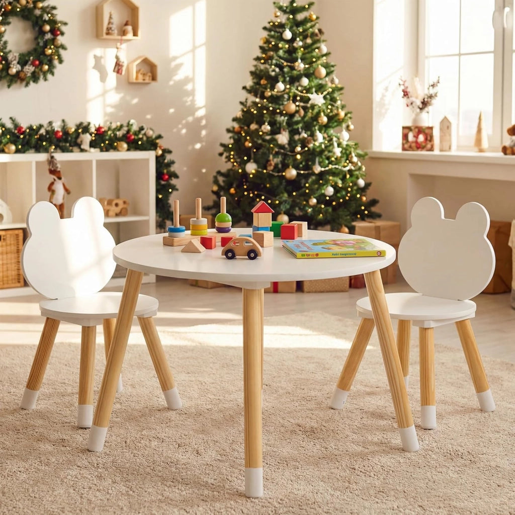 Set Tavolo e Sedie per Bambini, Tavolino e 2 Sedie a Forma di Rana con Gambe in Legno e Angoli Arrotondati, Set Mobili Salvaspazio per Bambini 3+ Anni per Cameretta Ragazzi (Bianco)