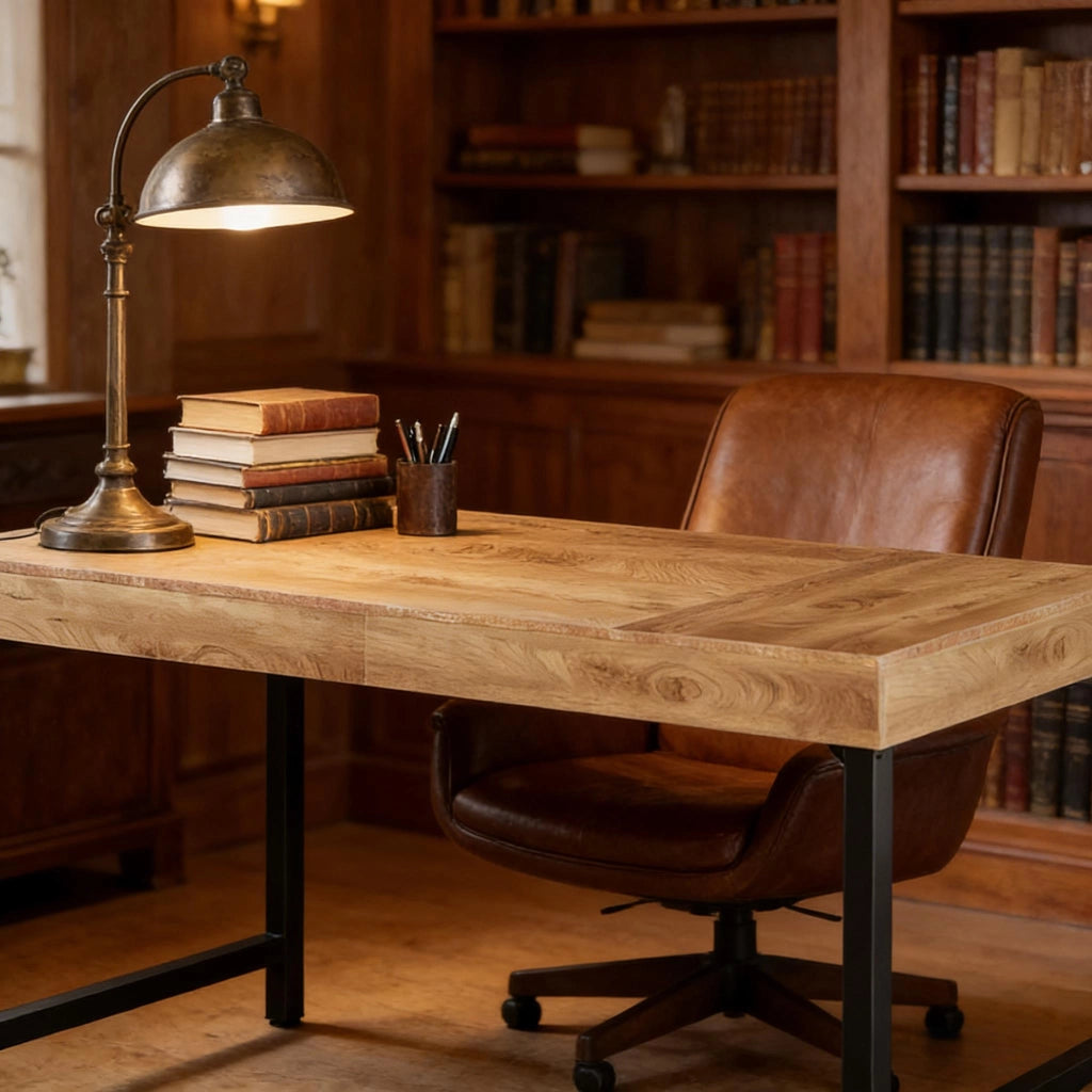 Scrivania rustica 140 cm in MDF e metallo, nero/marrone, per ufficio e home office