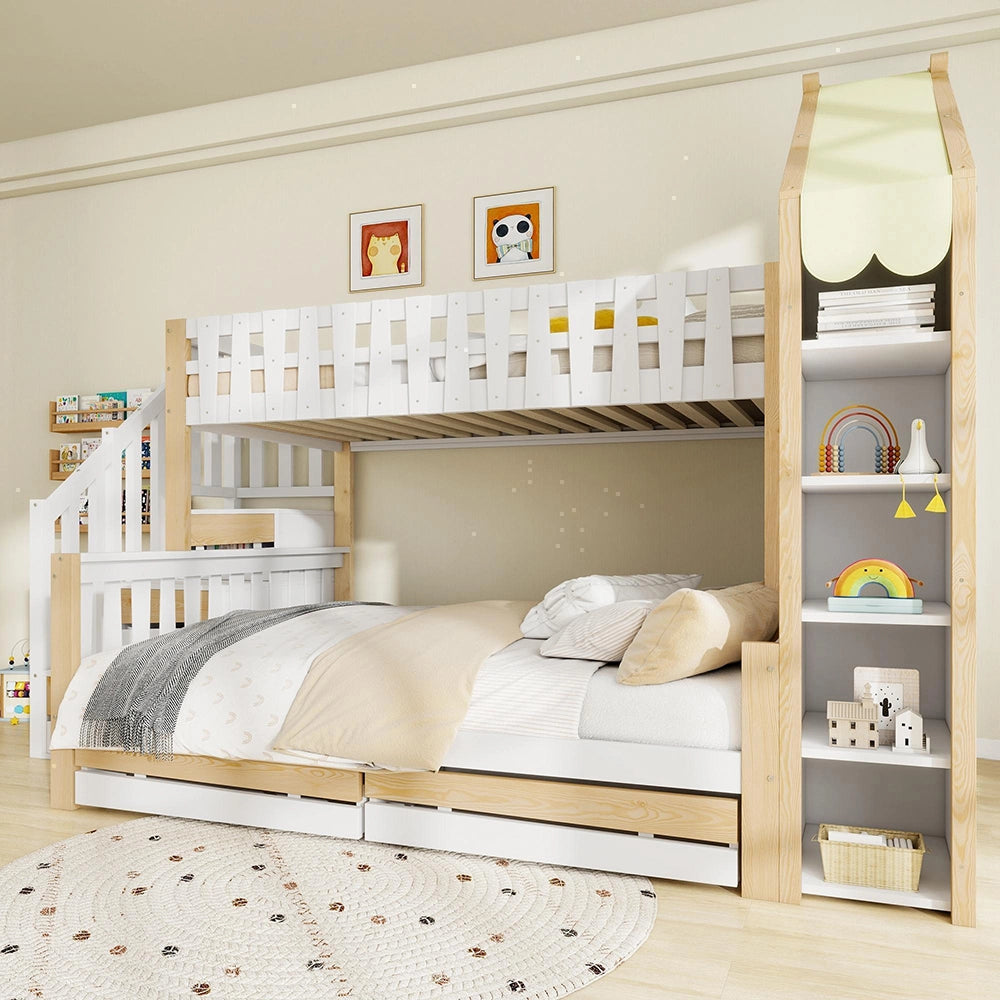 Letto a castello-Xylo-90x200+140x200cm, 2 cassetti, barriera, scala