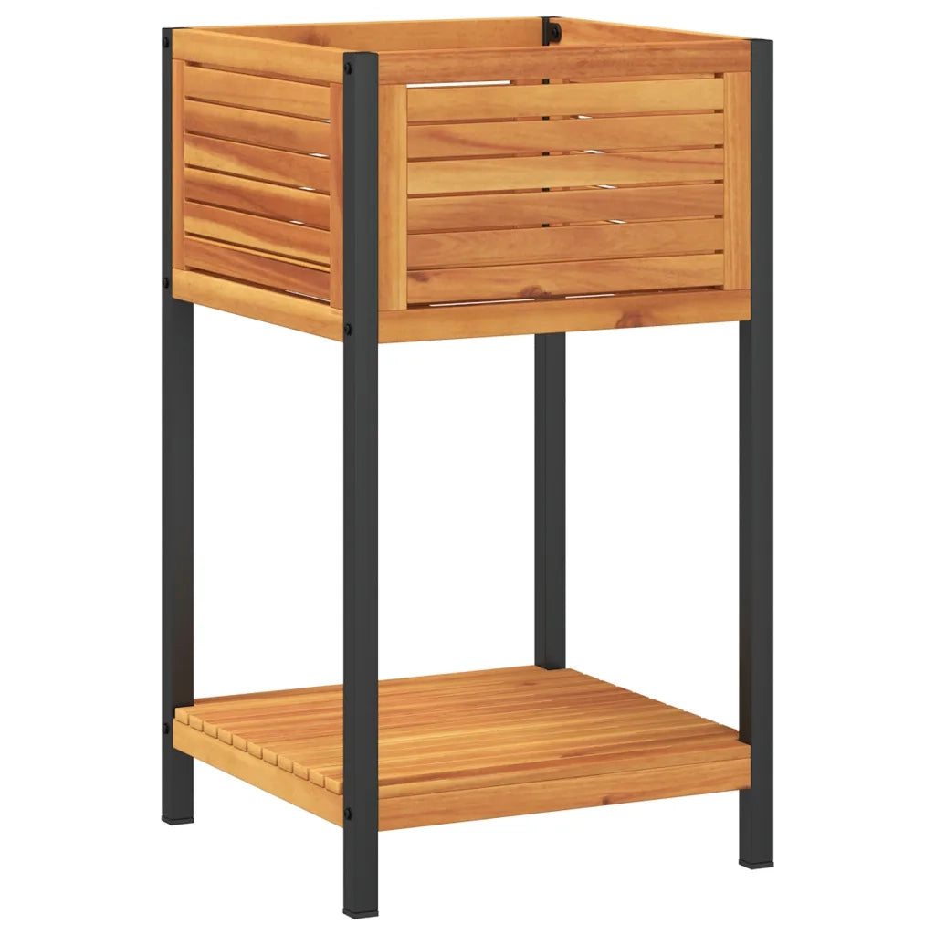 Fioriera | Cassetta per fiori | Vaso con Ripiano 45x45x80 cm in Legno Acacia e Acciaio