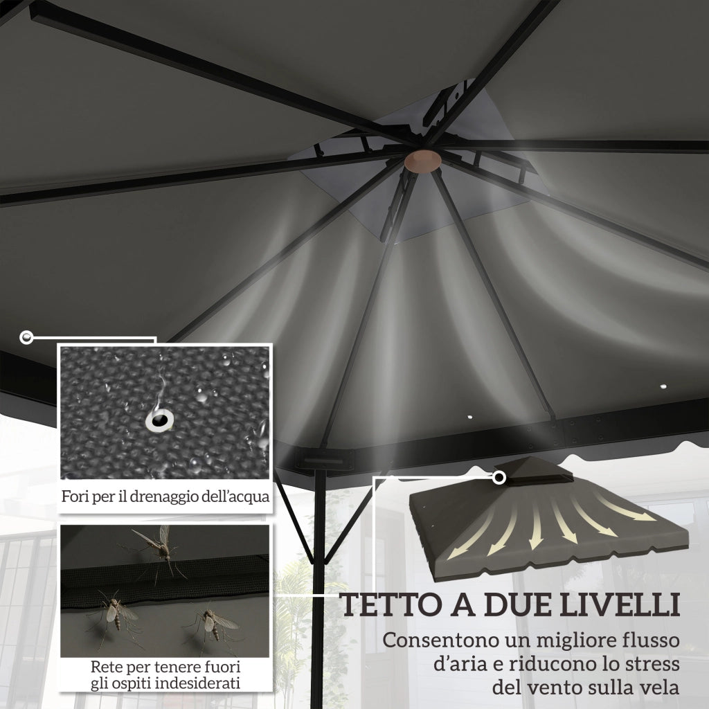 Copertura per Gazebo 3x3 m a 2 Livelli con 8 Fori di Drenaggio, in Poliestere Grigio Chiaro e Scuro