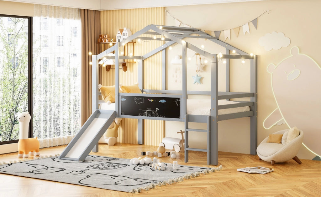Letto a soppalco per bambini 90x200 cm con scivolo grigio