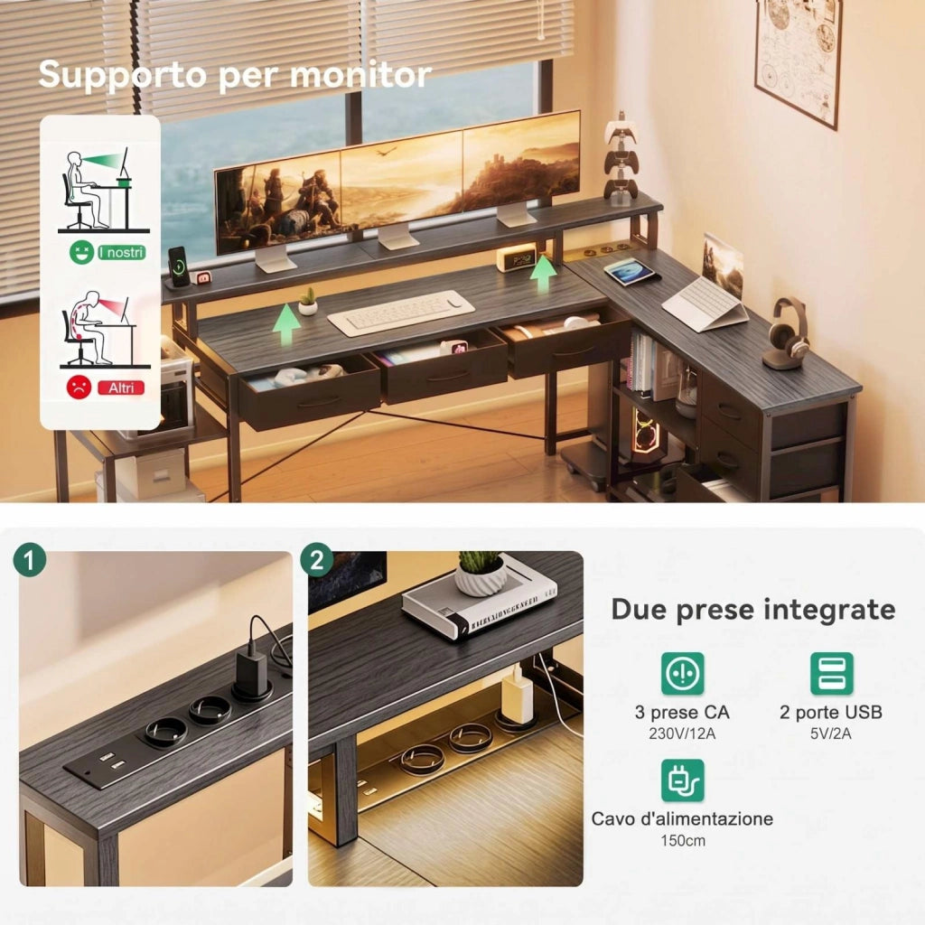 Scrivania per computer a L, scrivania da gaming, con cassetti, prese di corrente integrate, luci d'atmosfera, grigia