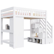 Letto a soppalco matrimoniale 140×200 cm con scala contenitore; scrivania; LED; armadio e banco; senza materasso; bianco