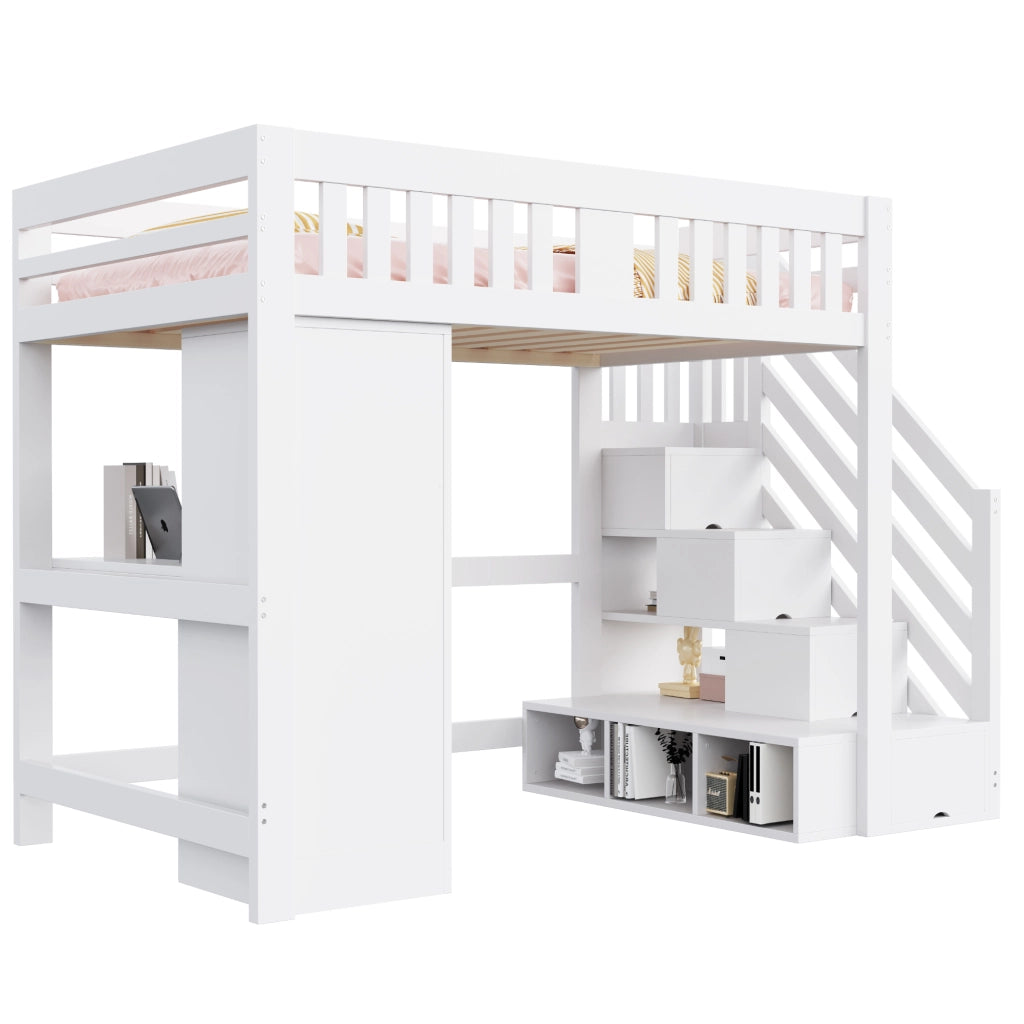 Letto a soppalco matrimoniale 140×200 cm con scala contenitore; scrivania; LED; armadio e banco; senza materasso; bianco