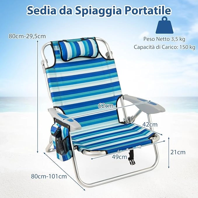 Sedia Pieghevole da Spiaggia, Telaio in Alluminio, Sedia Bassa da Sabbia Leggera con Schienale Regolabile, Sdraio da Esterno Robusta per Giardino, Campeggio, Portata 150 kg (Verde,2)