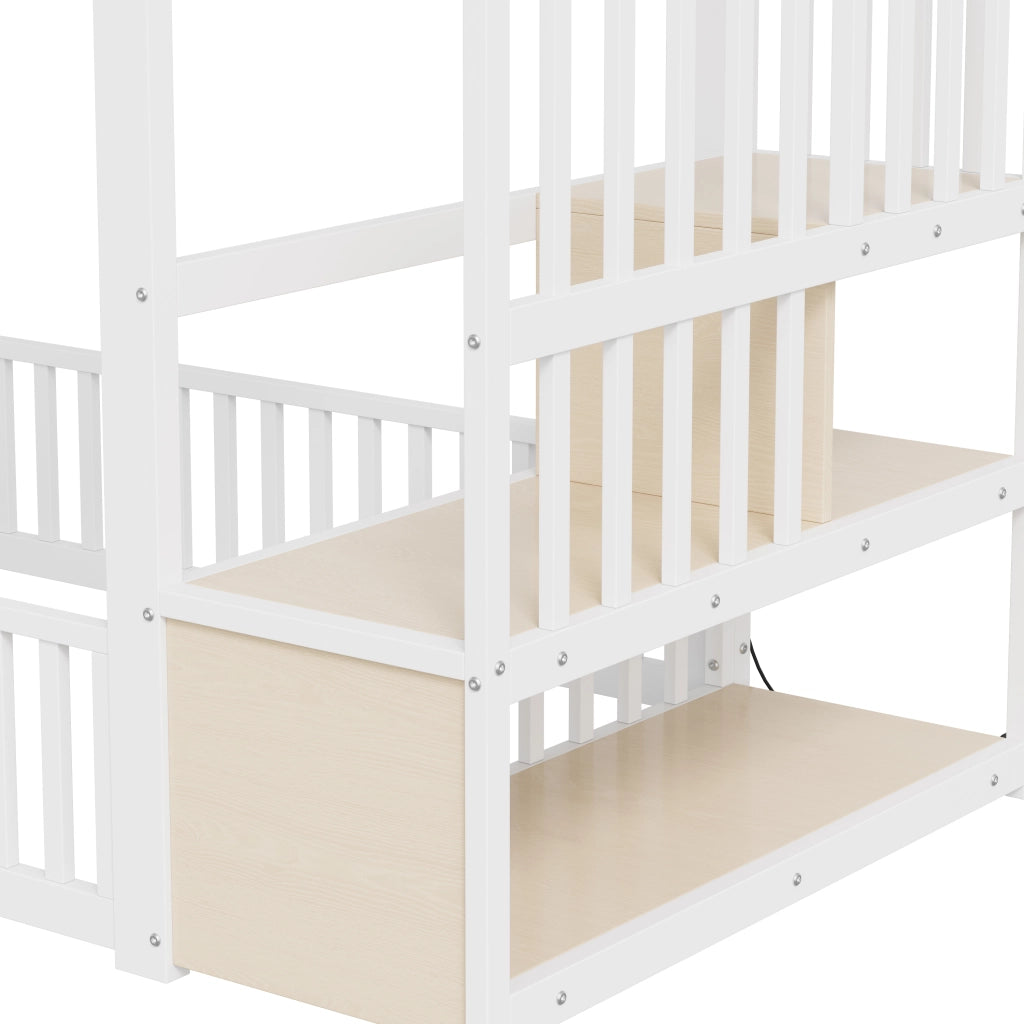 Letto a castello due posti 90 × 200 cm con scala contenitore e LED in MDF e metallo bianco