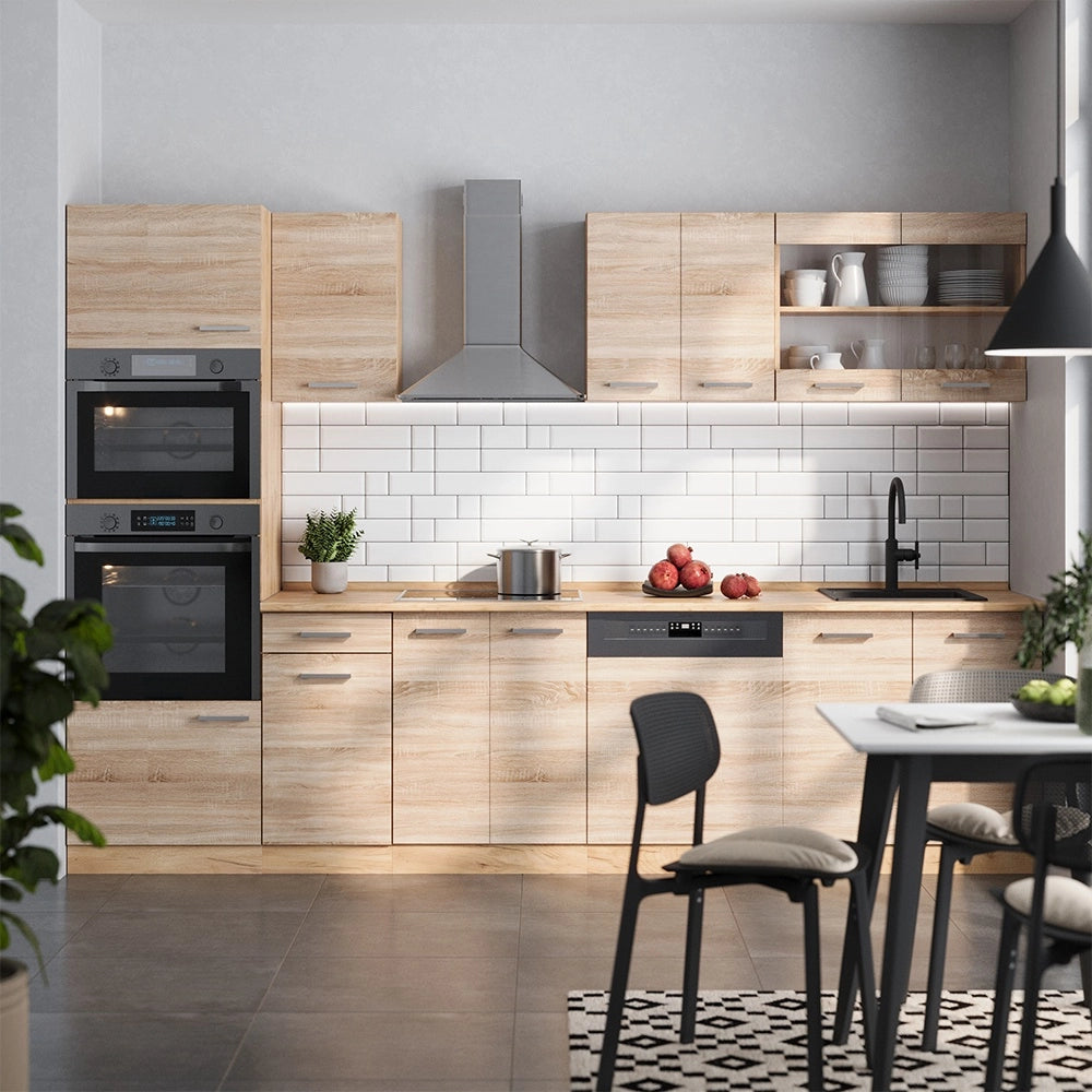 Cucina componibile R-Line Sonoma/Rovere dorato 300 cm con armadio alto, PL Marmo Vicco