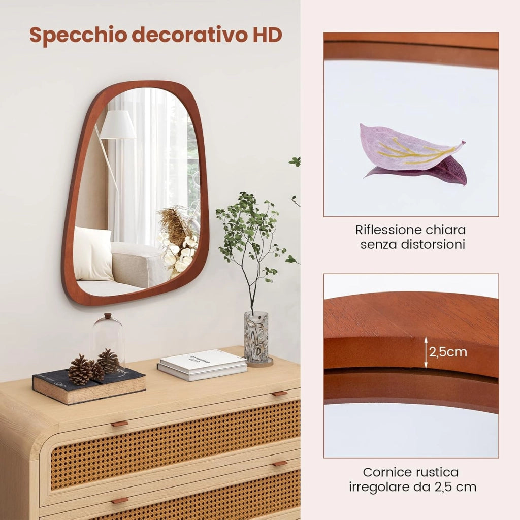 Specchio da Parete Irregolare 68 x 53,5 cm, Specchio Decorativo in HD con Cornice Rustica, Design Astratto, per Bagno Soggiorno Ingresso Sala da Pranzo (68 x 53,5 cm)