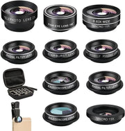 Kit di lenti per fotocamera 11 in 1 – Clip-on Fish Eye, Macro, Tele con borsa di trasporto per viaggi – Adatto per iPhone & Samsung & Android