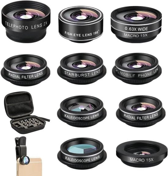 Kit di lenti per fotocamera 11 in 1 – Clip-on Fish Eye, Macro, Tele con borsa di trasporto per viaggi – Adatto per iPhone & Samsung & Android