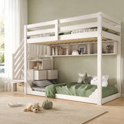 DESMIU Letto a castello bambino 90 × 200 cm 2 posti con scala contenitore e ripiani, senza materasso, in legno, bianco
