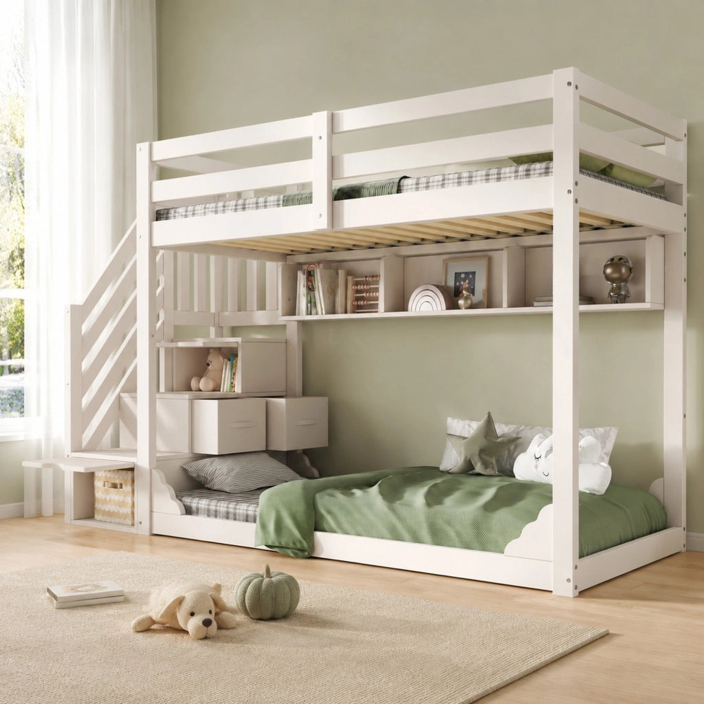 DESMIU Letto a castello bambino 90 × 200 cm 2 posti con scala contenitore e ripiani, senza materasso, in legno, bianco