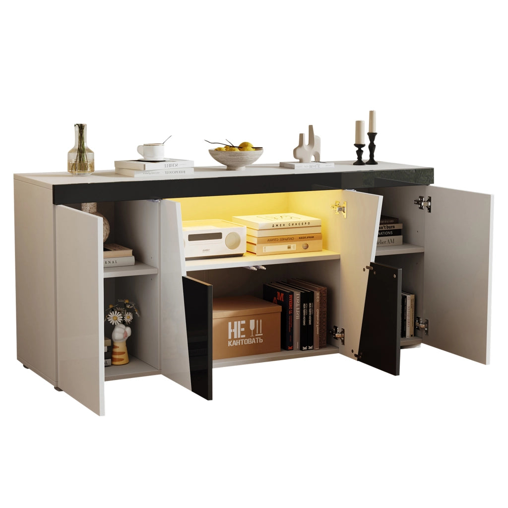 Mobile TV moderno con LED - Zephmum - 140x40x65 cm - Bianco e nero - Design angolato, 3 ante