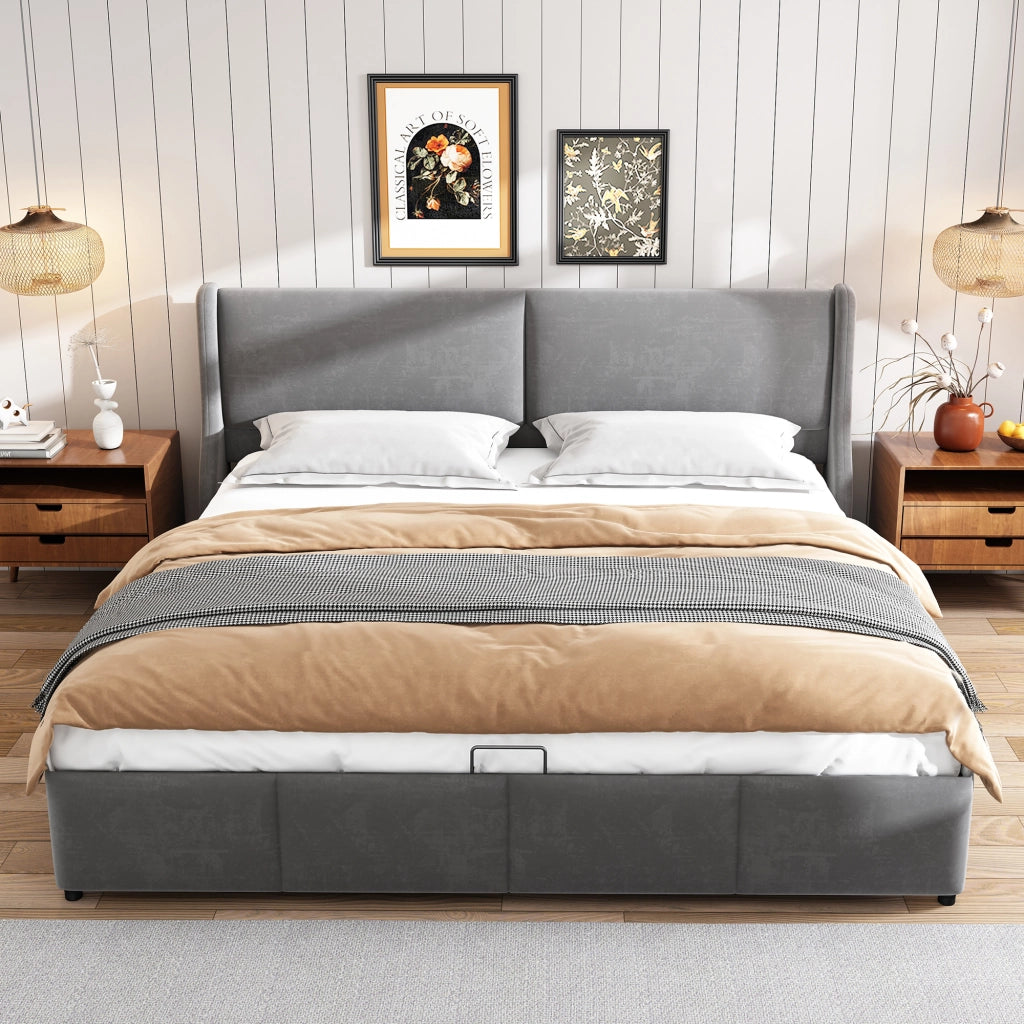 OKWISH Letto Contenitore 160×200 cm, Letto Matrimoniale con Sollevamento Idraulico, Testiera a Orecchie e Vano Contenitore, senza Materasso, Velluto, Grigio