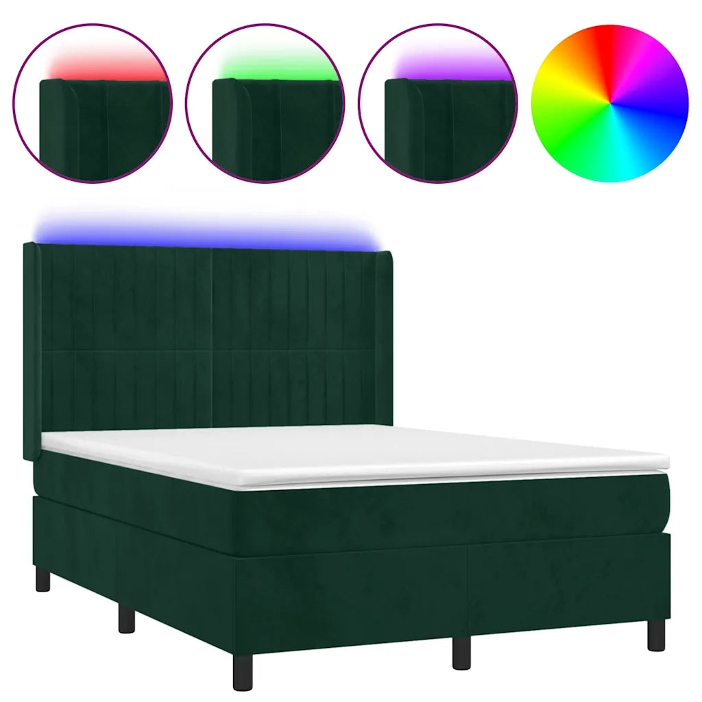 Letto a Molle con Materasso e LED Verde Scuro 140x190cm Velluto 3139682