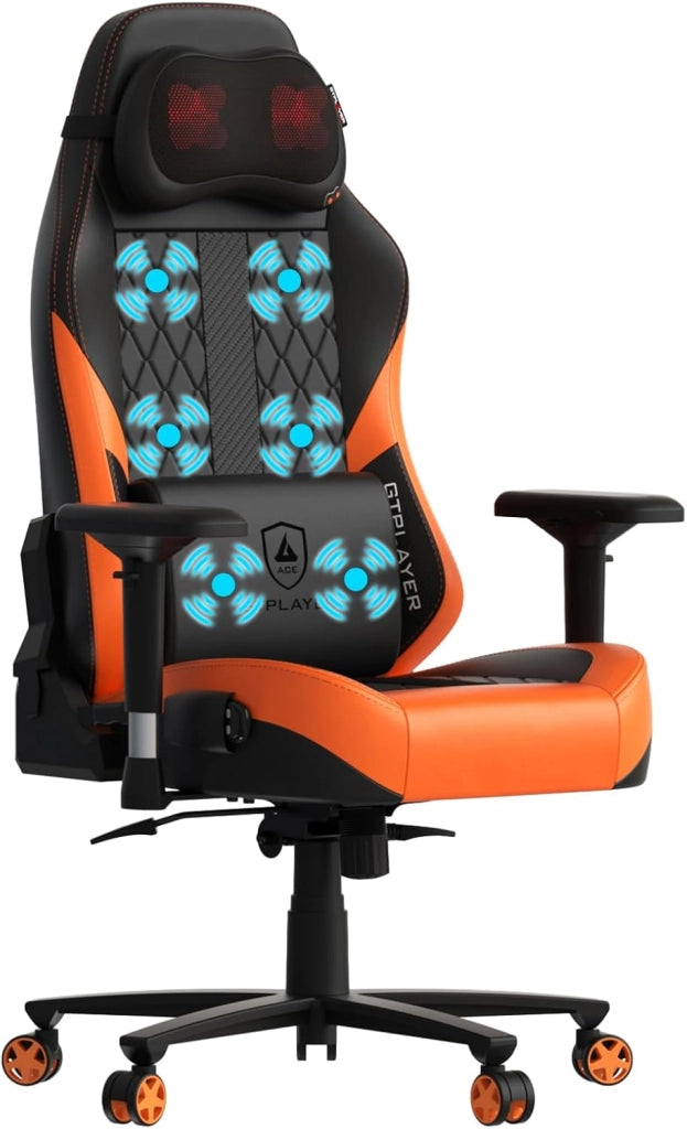 Sedia da gioco con massaggio, con cuscino a molle insacchettate, poggiapiedi, ergonomica, da gaming, braccioli 4D, sedia da PC, schienale allargato, portata 150 kg，arancia