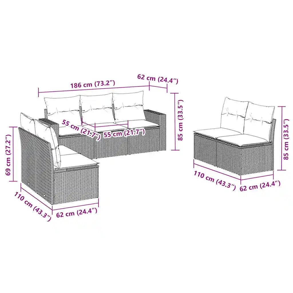 Set Divani da Giardino con Cuscini 7pz Nero Polyrattan
