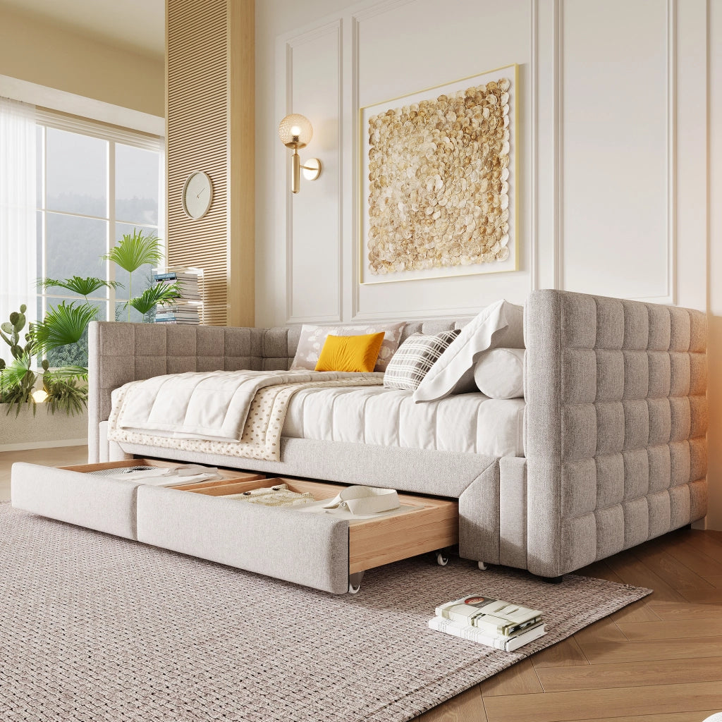 DESMIU Divano letto 90 × 200 cm 1 posto con 2 cassetti, senza materasso, in velluto beige