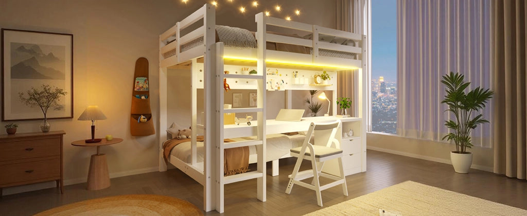 LETTO a castello con scrivania e cassetti 140x200/90x200 cm Legno di pino Bianco