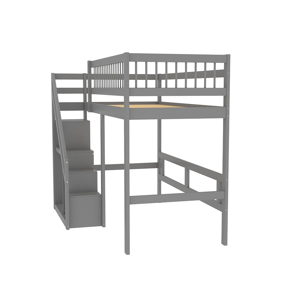 Lit superposato per bambini - Xylo - 90x200 cm - Legno massiccio - Grigio - Scala e armadio di stoccaggio