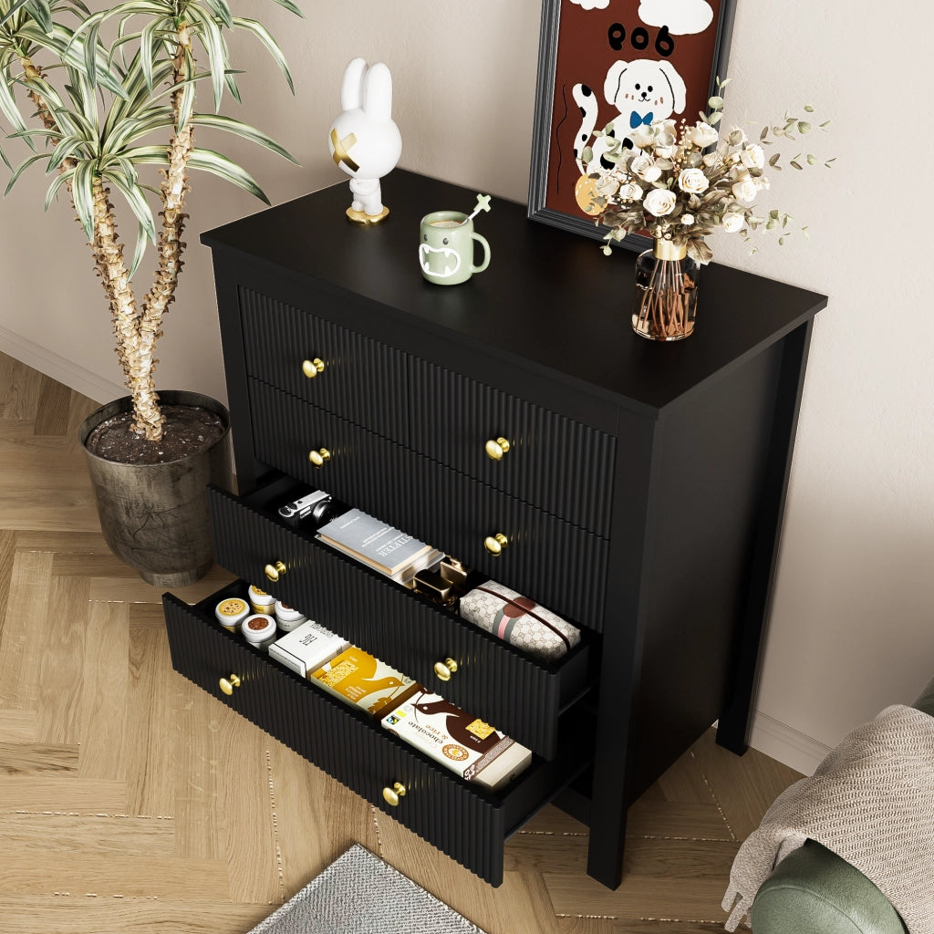 OKWISH Comò con 5 Cassetti, Frontali Testurizzati e Maniglie Dorate, per Camera o Ingresso, 79 x 39.5 x 80.5 cm, Nero