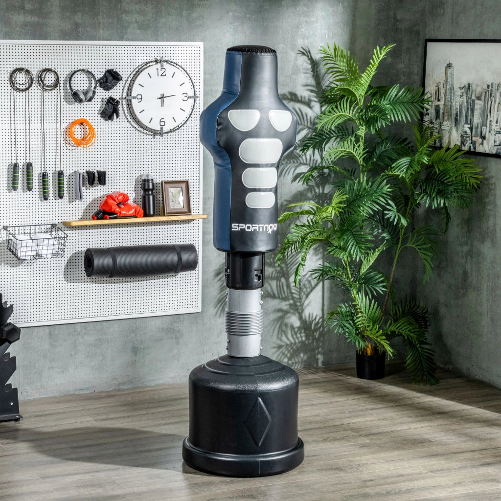 Sacco da Boxe con Base ¨C Xylo ¨C Regolabile in Altezza, Pelle Sintetica Nero-Grigio-Blu, 55x55x178-207 cm